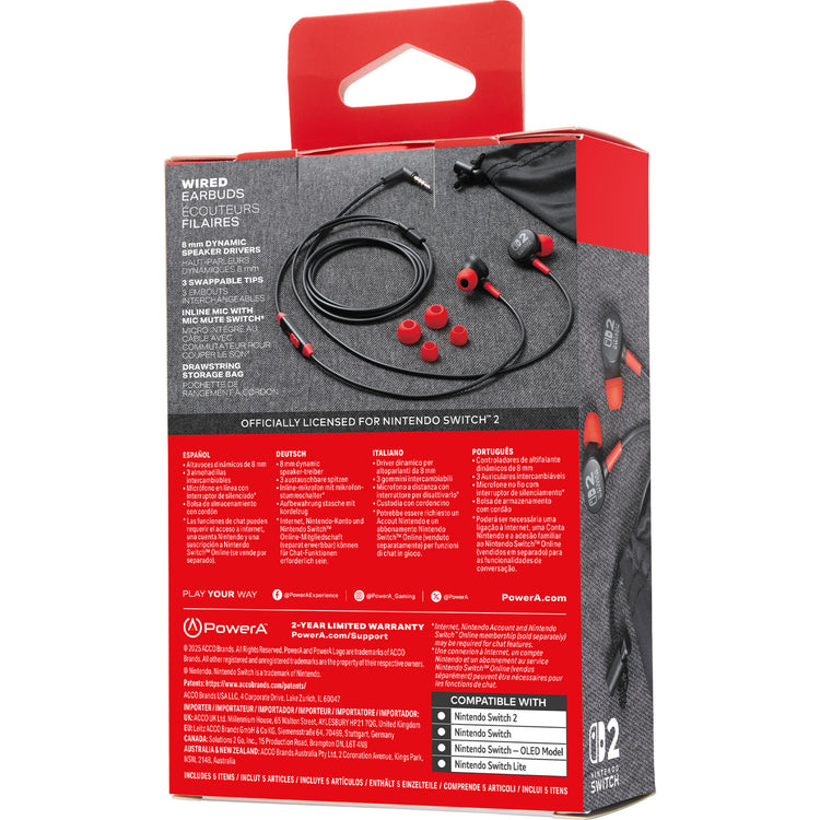 Écouteurs filaires Powera pour intra-auriculaires Nintendo Switch 2 (noir rouge, Nintendo Switch 2, Nintendo Switch, Nintendo Switch - modèle OLED, Nintendo Switch Lite)