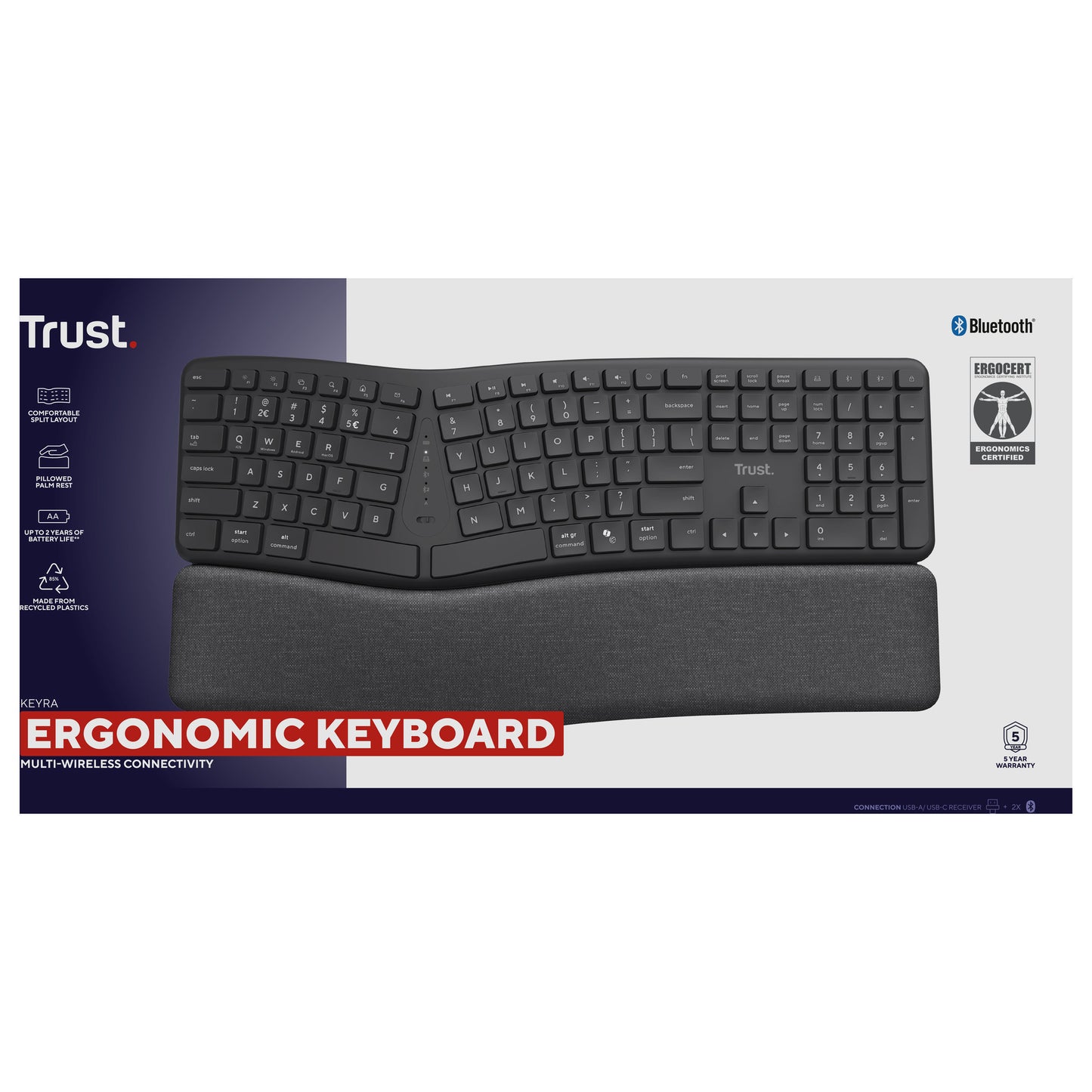 Clavier ergonomique sans fil Trust Keyra (noir, disposition US, Bluetooth 2.4G USB)