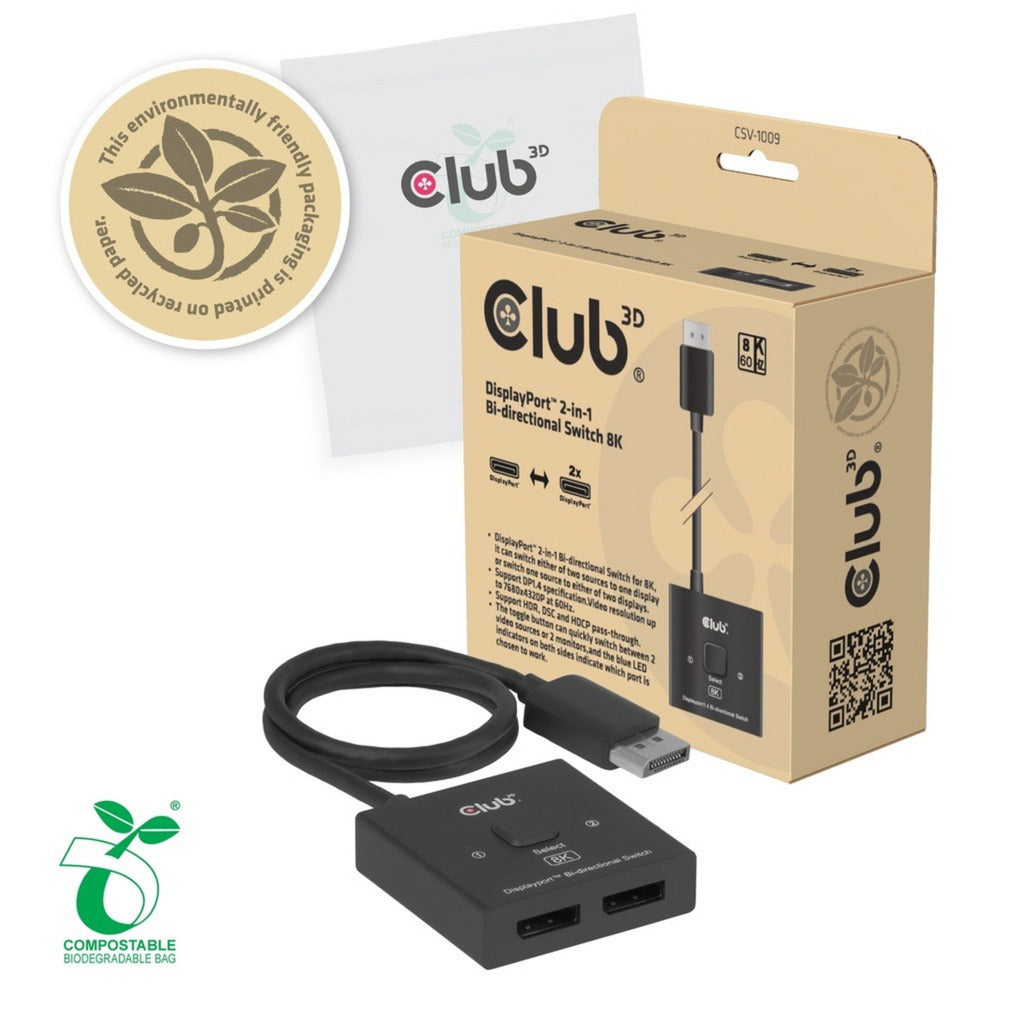 Club 3D DisplayPort 2-en-1 Bidirectionnel 8K Switch DisplayPort Switch (Noir)