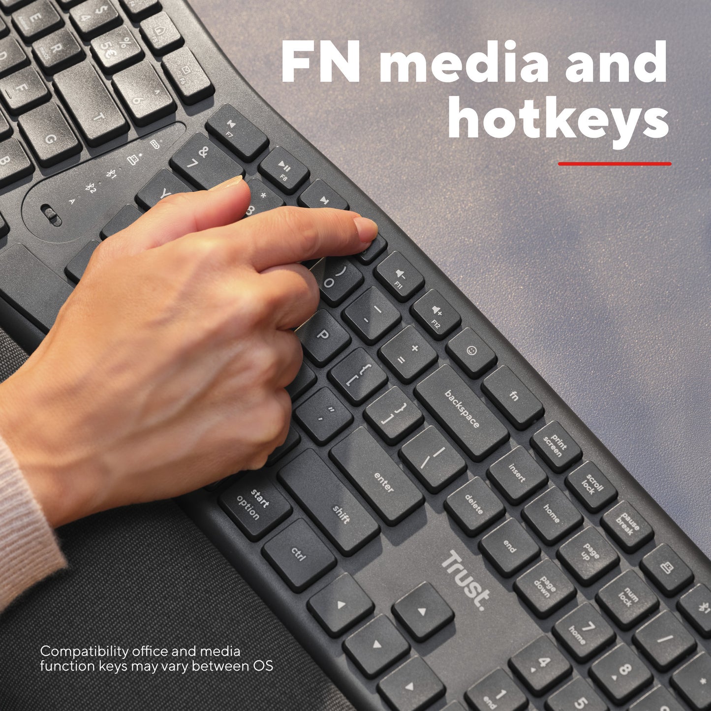 Clavier ergonomique sans fil Trust Keyra (noir, disposition US, Bluetooth 2.4G USB)