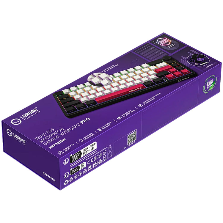Lorgar kbp70mw, clavier de jeu (noir, disposition américaine, violet toxique logar, 65%, rvb, remplaçable à chaud, pbt double-shot, bluetooth 2.4ghz usb)