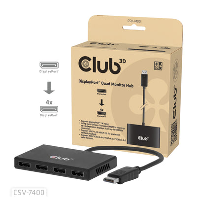 Club 3D DisplayPort Quad Monitor Hub MST 4x 4K30Hz DisplayPort Splitter (Noir)
