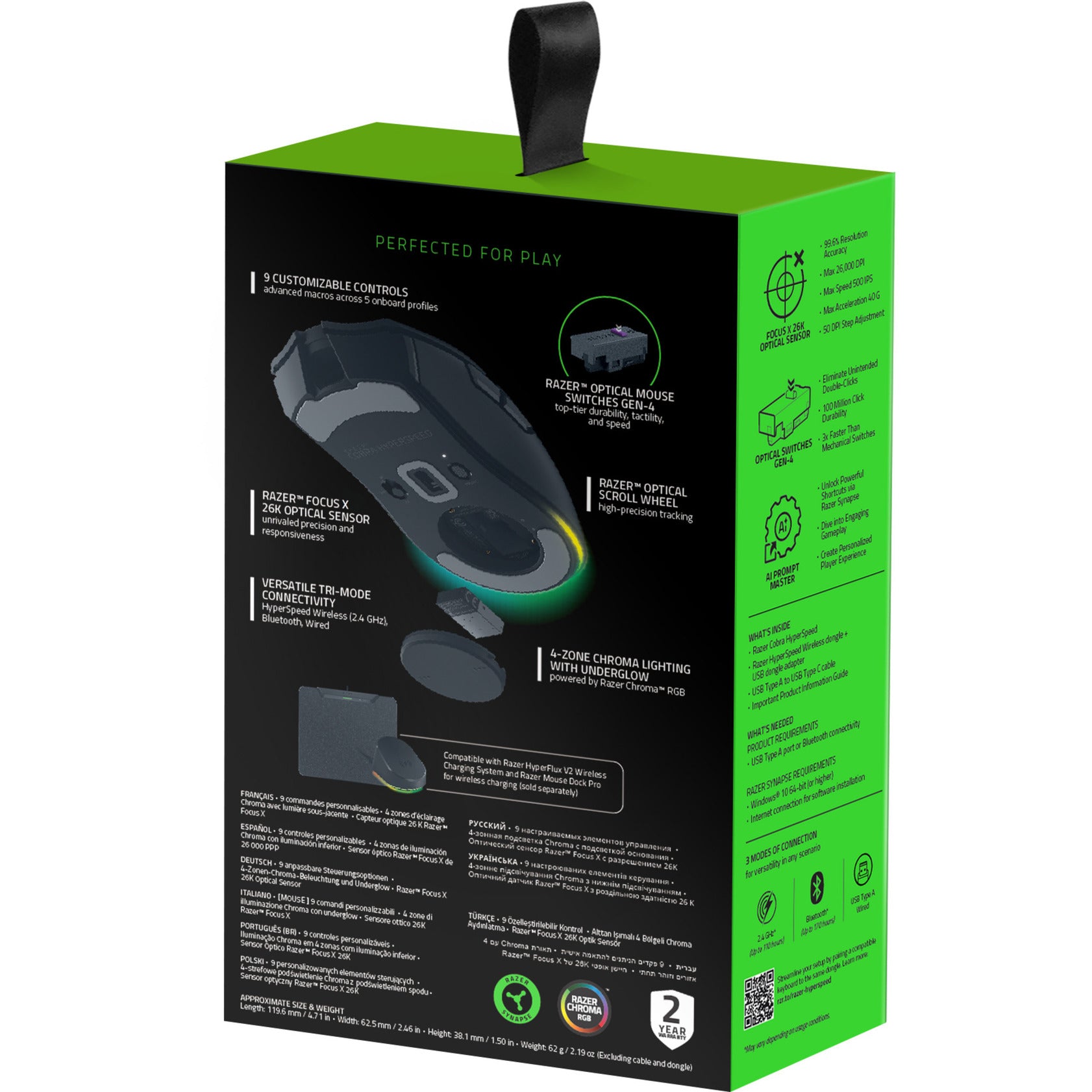 Souris de jeu Razer cobra hyperspeed (noir, 26 000 dpi, RVB, Bluetooth USB 2,4 GHz)