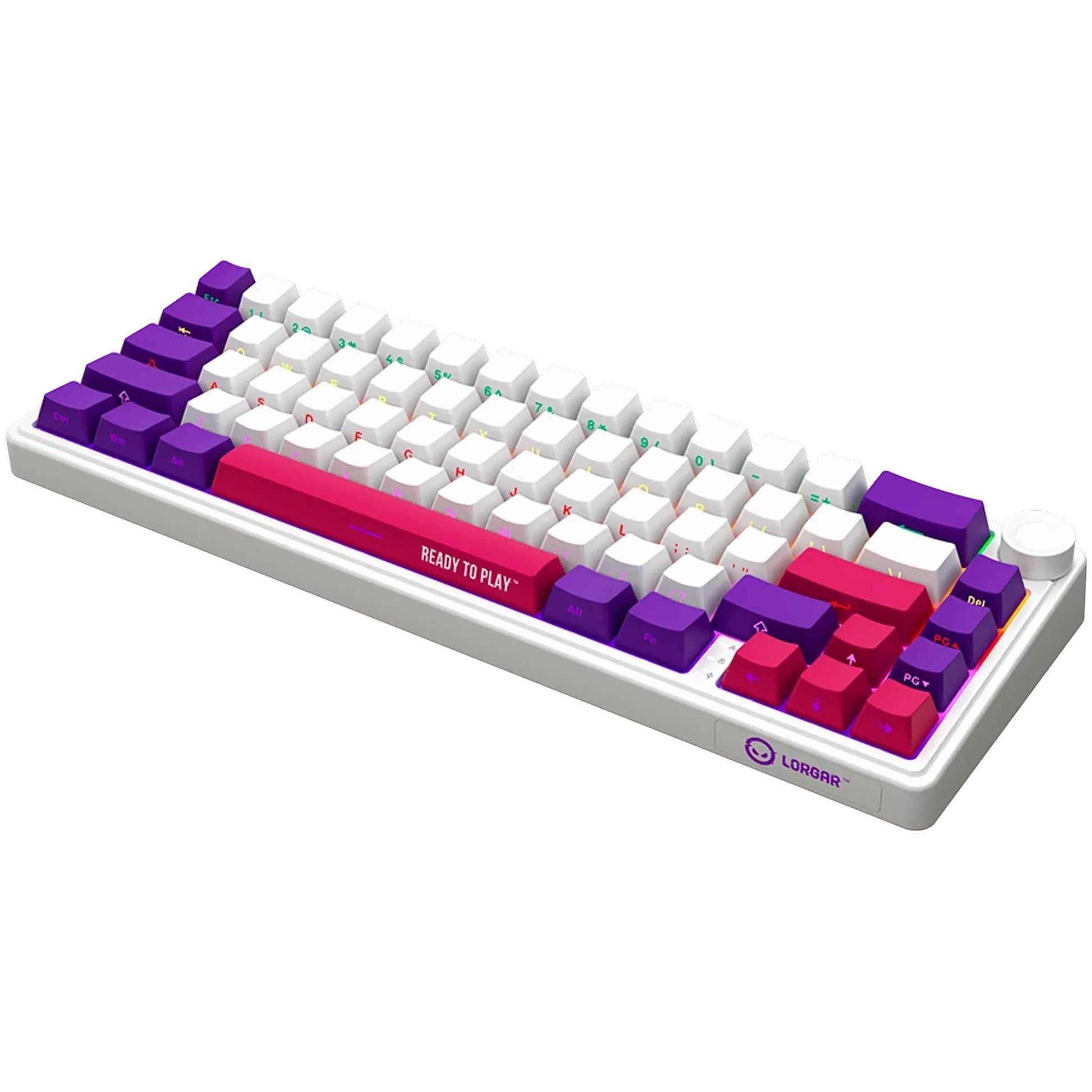 Lorgar kbp70mw, clavier de jeu (blanc, disposition américaine, violet toxique logar, 65%, rvb, remplaçable à chaud, pbt double-shot, bluetooth 2.4ghz usb)