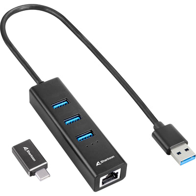 Sharkoon 3 port USB 3.2 Gen 1 Hub en aluminium + Ethernet RJ45