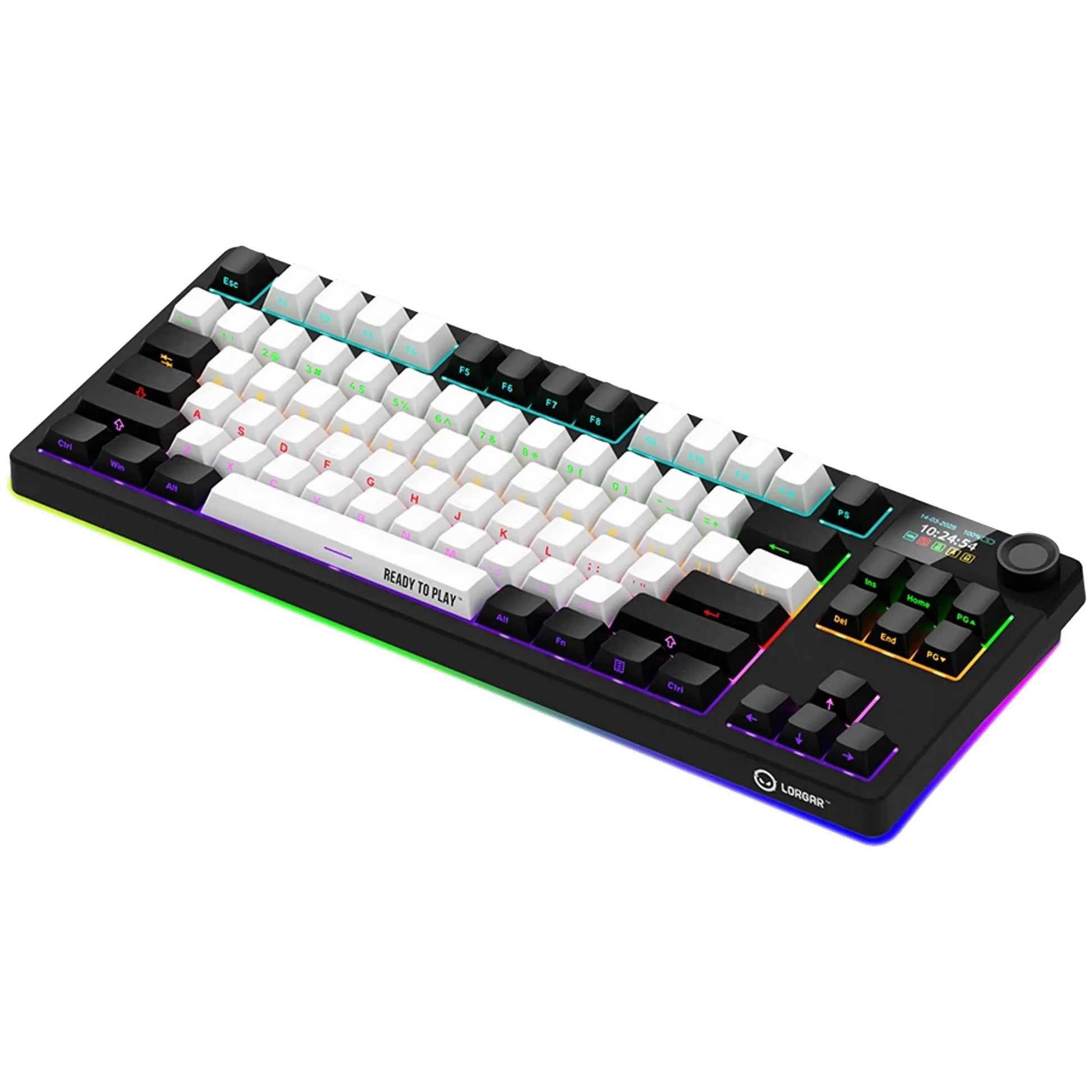 Lorgar kbp70tklw, clavier de jeu (noir, disposition américaine, logar toxique violet, tkl, rvb, échangeable à chaud, pbt double-shot, bluetooth 2.4ghz usb)