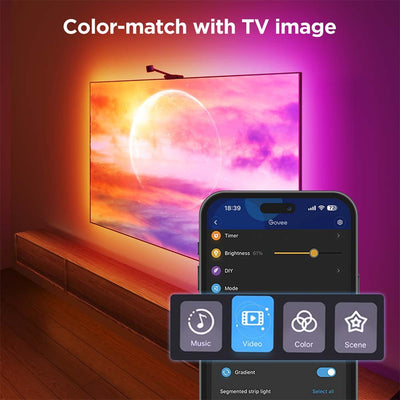 Bande LED Govee envisual smart TV rétroéclairage 3s (WiFi 2,4 GHz, Bluetooth, pour téléviseurs 55 - 65 pouces)