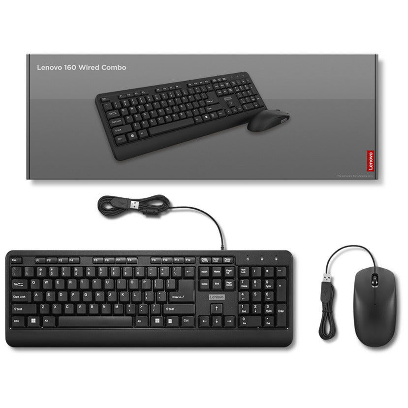 Ensemble de bureau combiné filaire Lenovo 160 (noir, disposition américaine (QWERTY), 100 %, USB-A, 1 600 dpi)