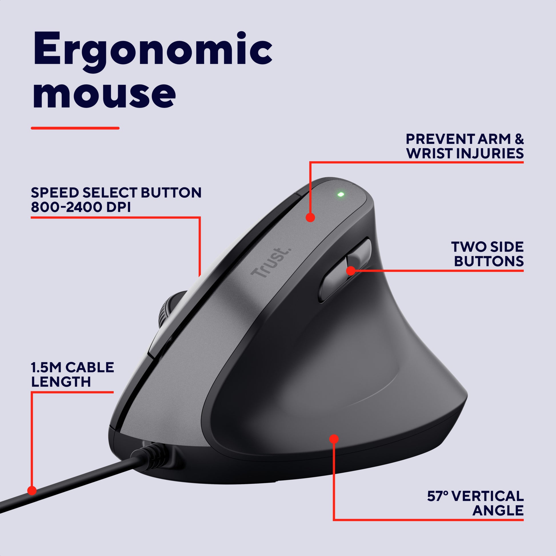 Souris ergonomique Trust bayo ii (noir, 800 dpi - 2 400 dpi)