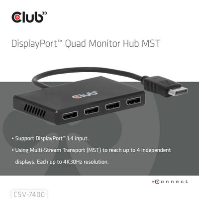 Club 3D DisplayPort Quad Monitor Hub MST 4x 4K30Hz DisplayPort Splitter (Noir)