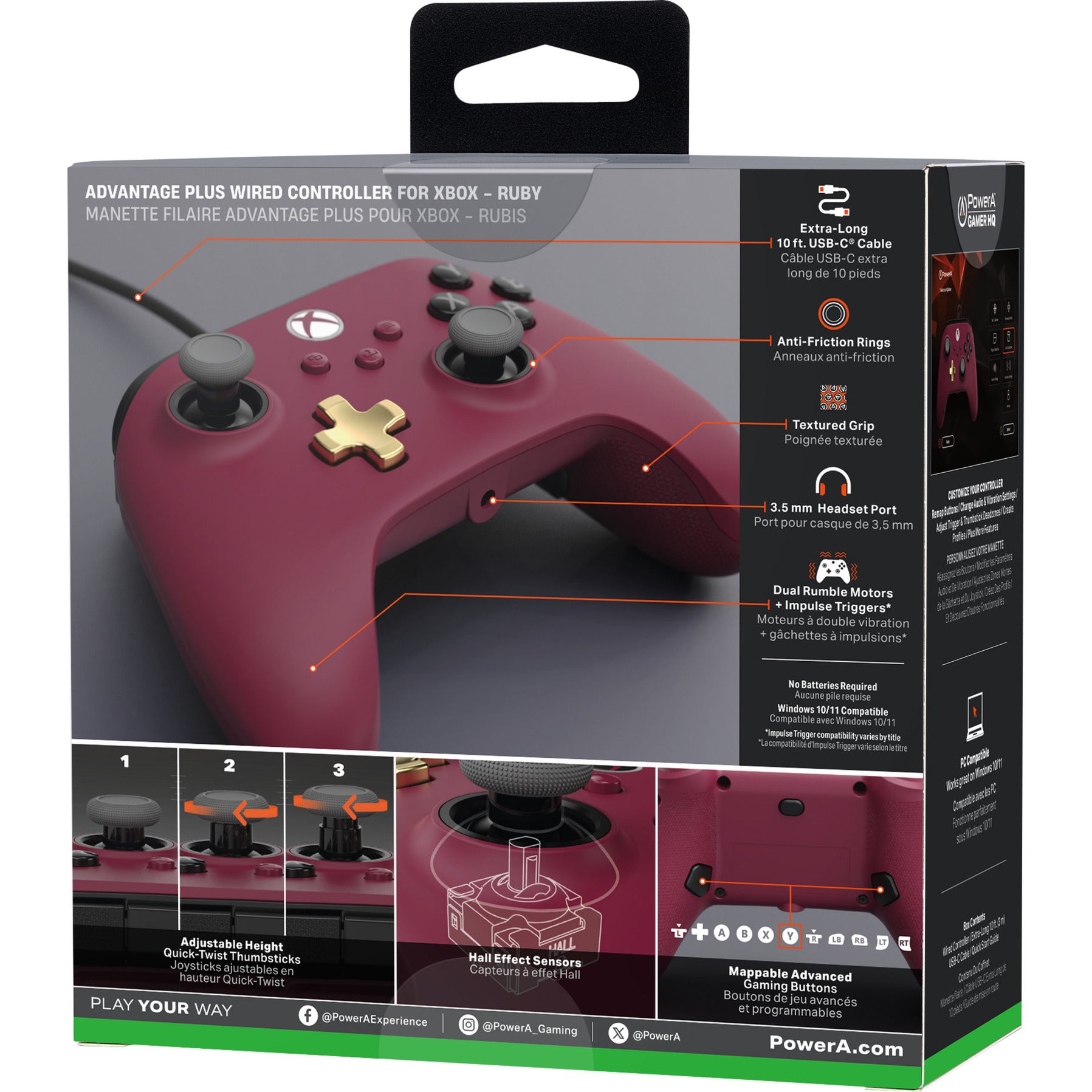 Manette filaire Powera Advantage Plus pour Xbox Series X|s - Ruby (Rouge foncé, Xbox Series X|s, Xbox One, PC)