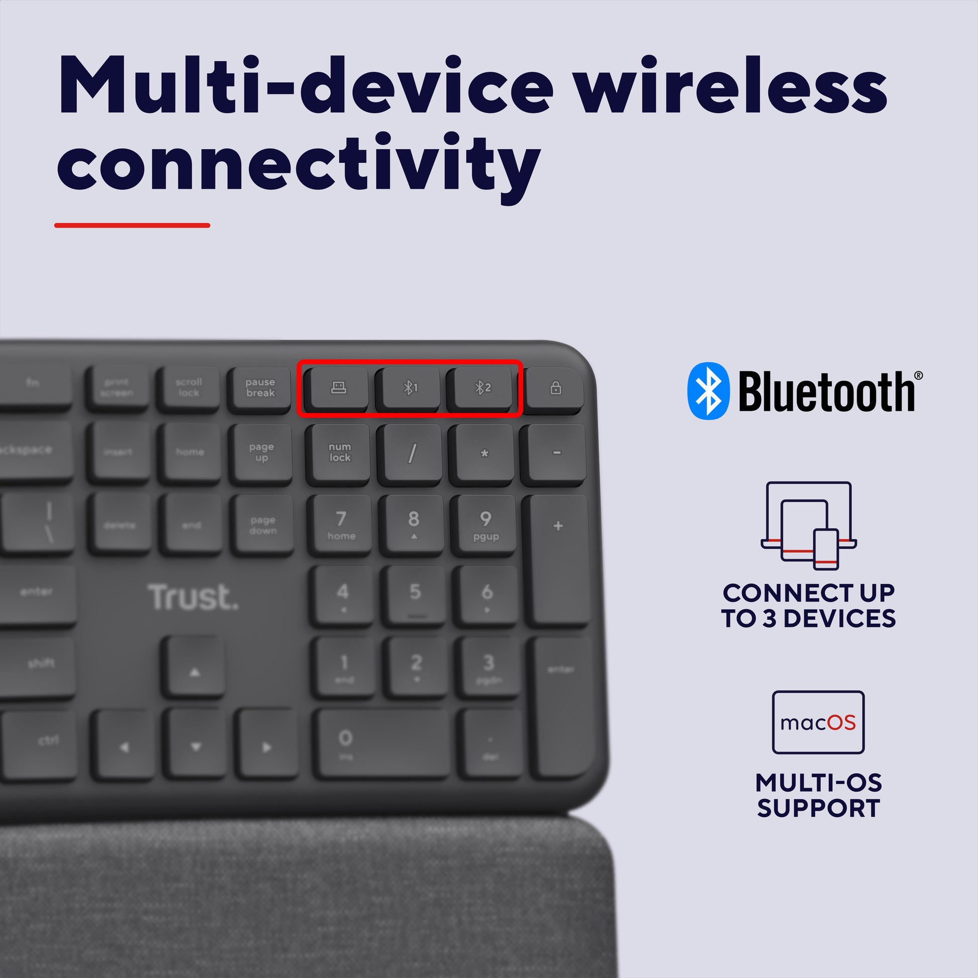 Clavier ergonomique sans fil Trust Keyra (noir, disposition US, Bluetooth 2.4G USB)