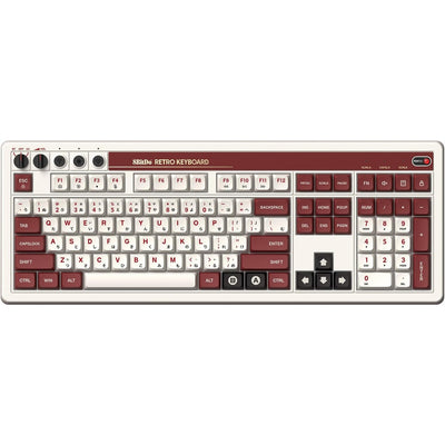 8bitdo clavier mécanique rétro édition fami, clavier de jeu (beige rouge, disposition américaine, boîte kailh blanche, Bluetooth basse énergie, sans fil 2.4G, USB)