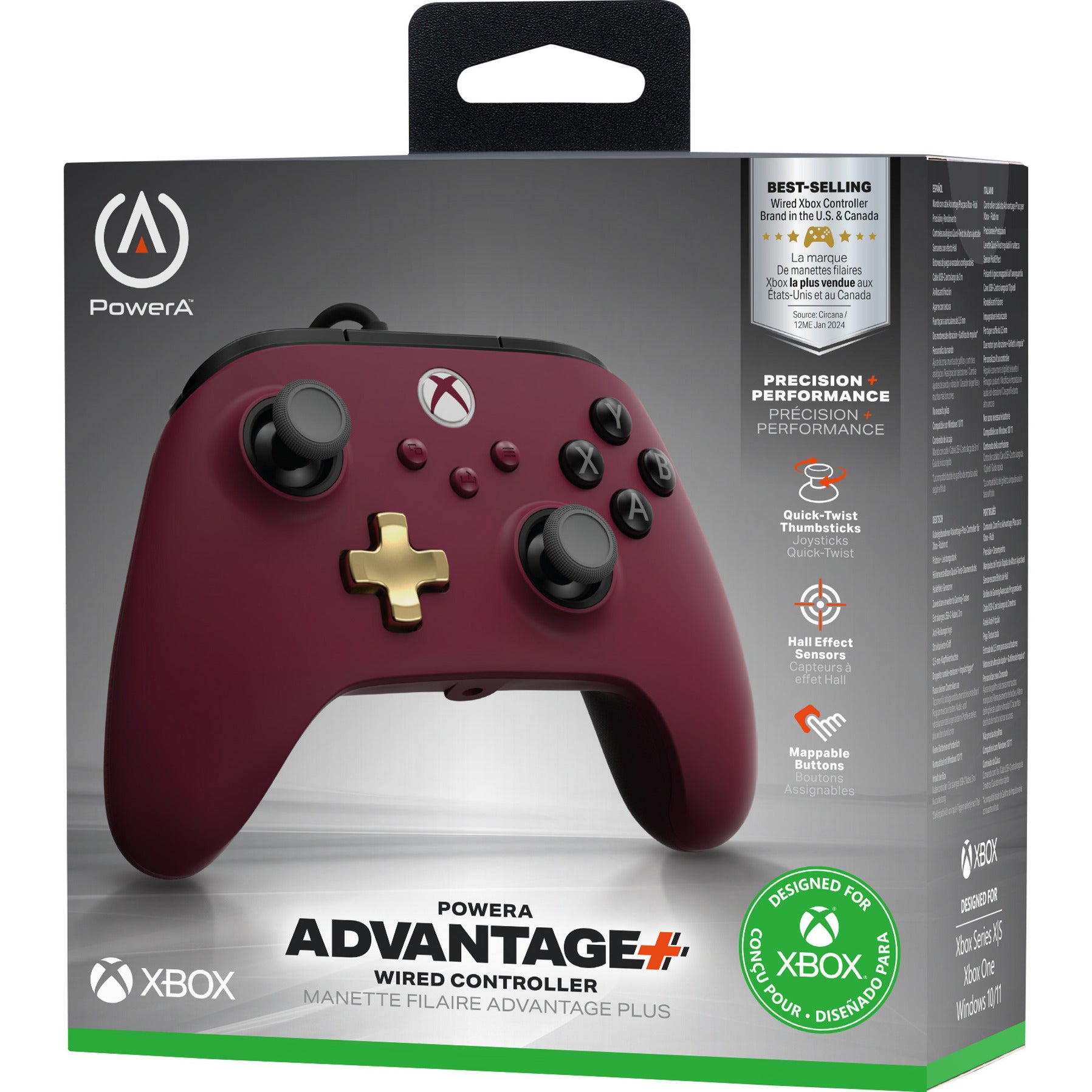 Manette filaire Powera Advantage Plus pour Xbox Series X|s - Ruby (Rouge foncé, Xbox Series X|s, Xbox One, PC)