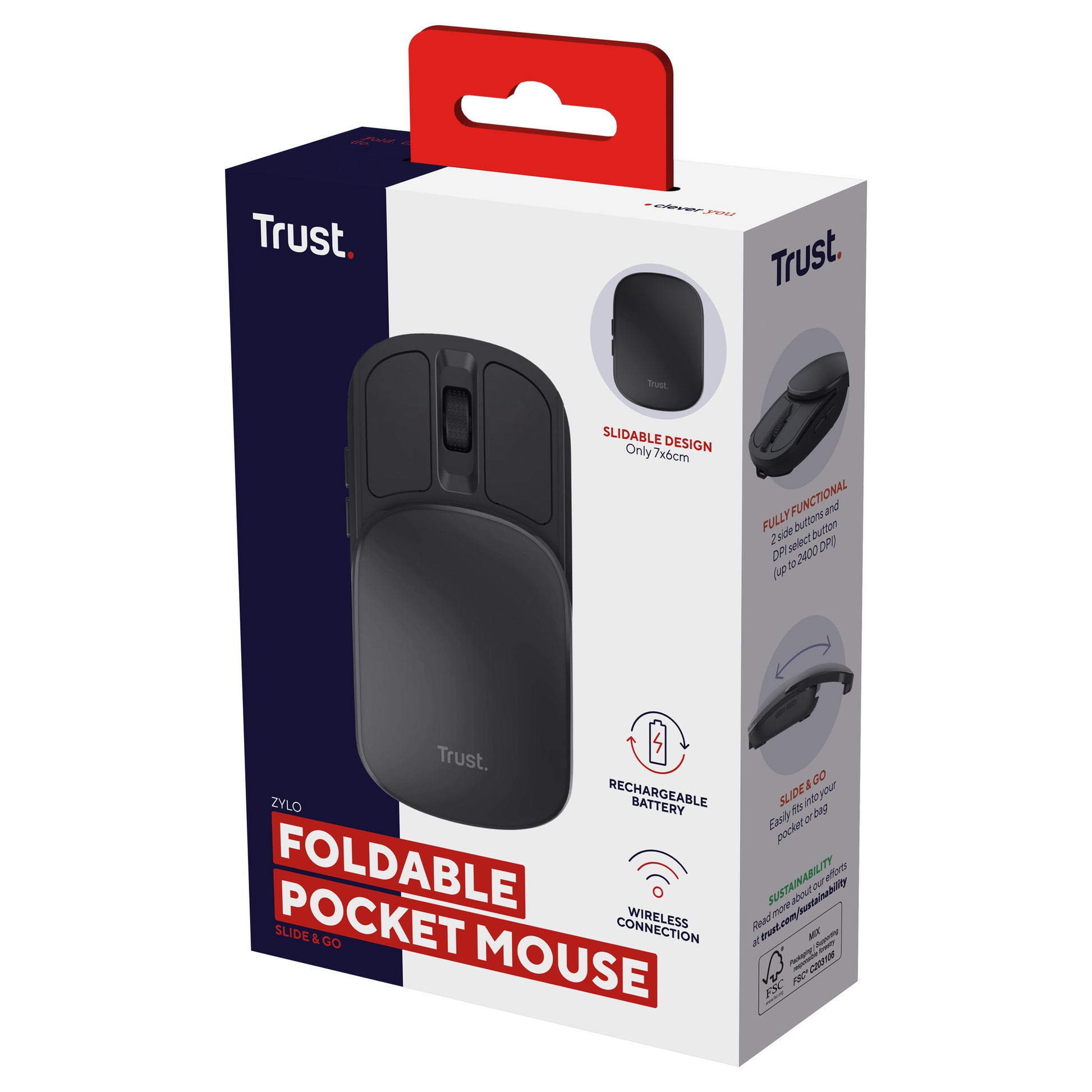 Souris de poche portable et rétractable Trust zylo (noir, 1 000 - 2 400 dpi)