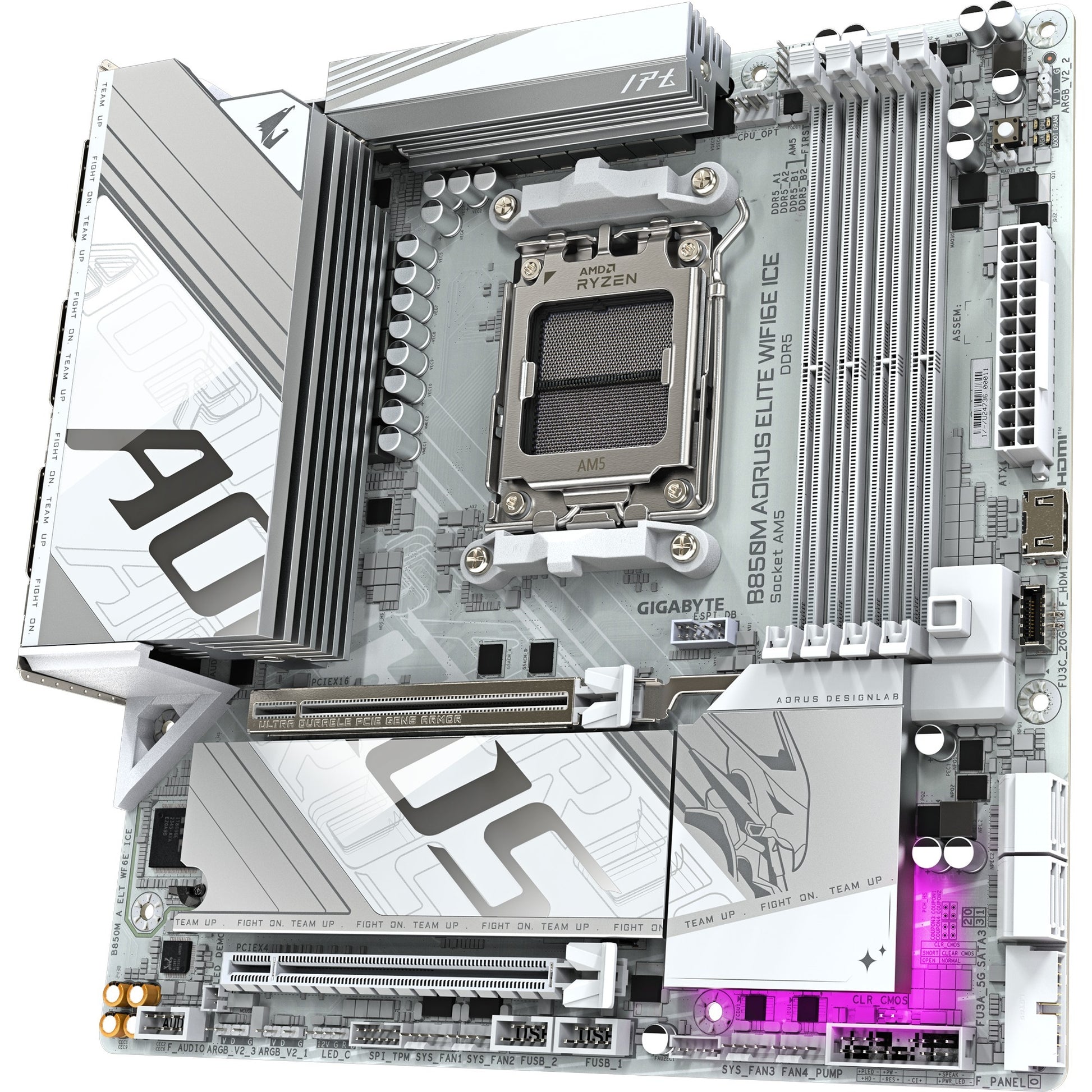 Carte mère Gigabyte B850M Aorus Elite WiFi6E Ice Socket AM5 (blanc argenté, RAID, 2,5 Go-LAN, WiFi 6E, BT, Sound, µATX)