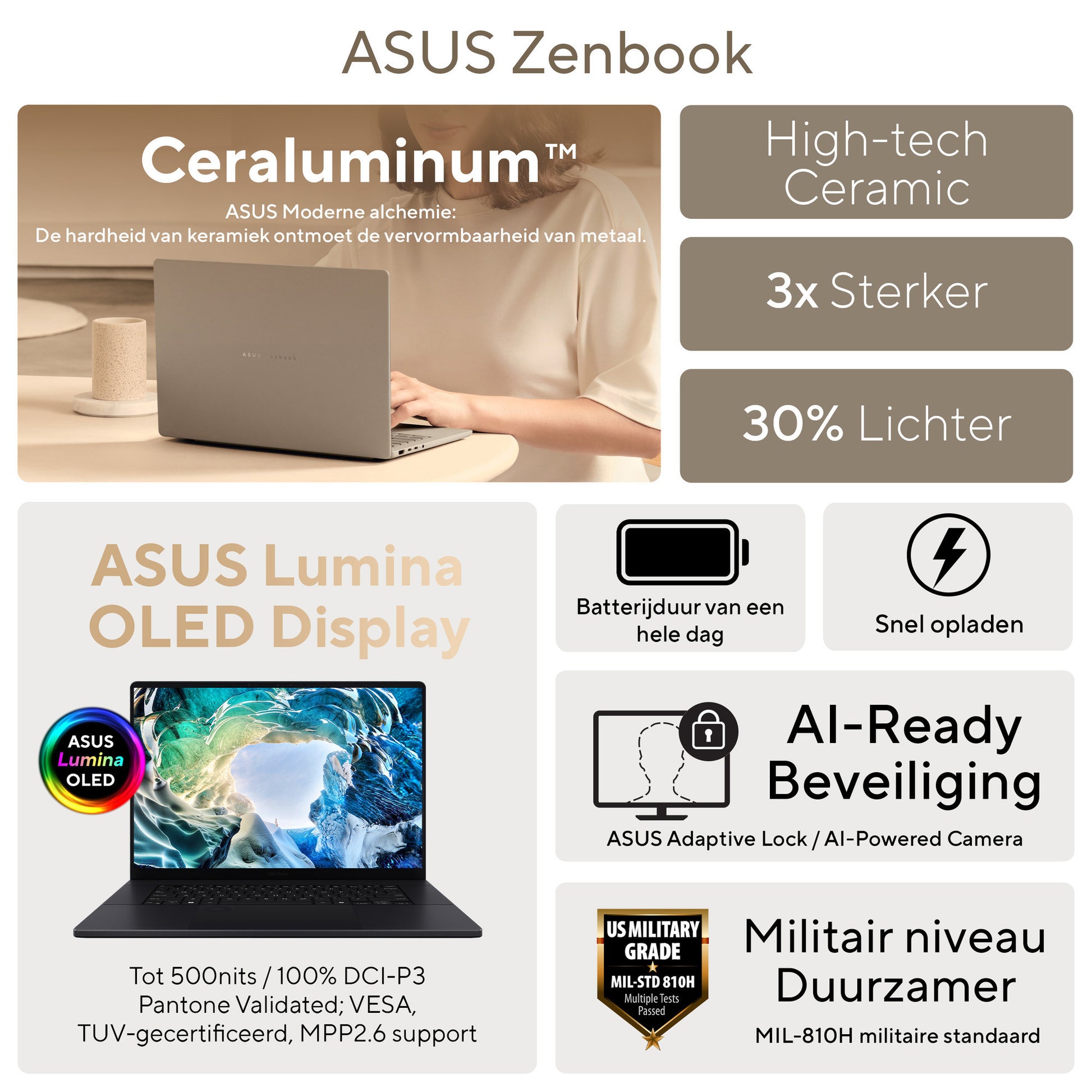 Asus zenbook a16 ux3607oa-sq013w 16 copilot+ ordinateur portable (beige | snapdragon x2e-94-100 | qualcomm adreno | 48 go | SSD 1 to | OLED)