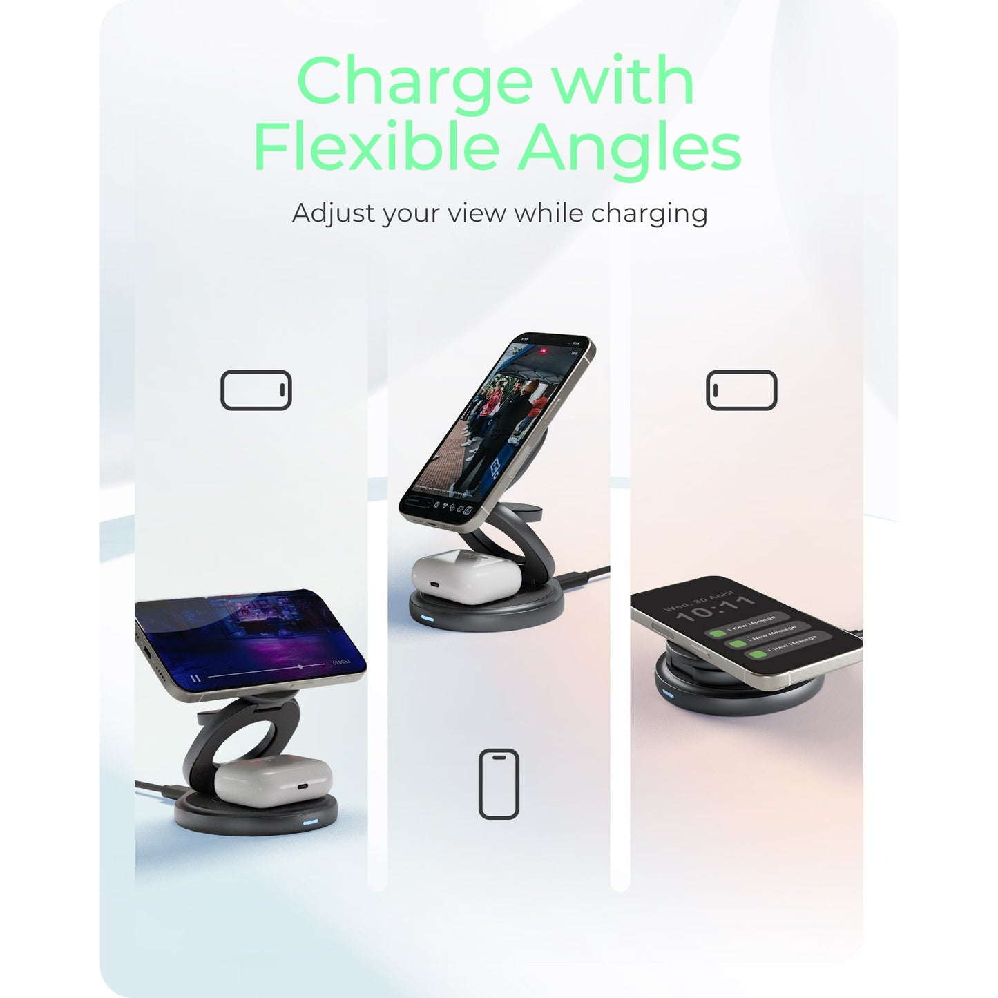 Station de charge sans fil pliable 3-en-1 glacée