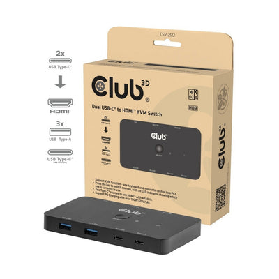 Club 3D CSV-2512 Commutateur KVM double USB-C vers HDMI (Noir, 4K 60 Hz)