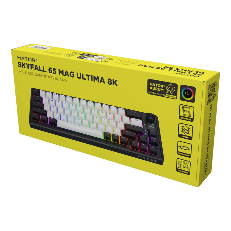 Hator skyfall mag ultima 8k sans fil, clavier de jeu (noir, disposition américaine, hator aurum ice, 65 %, rgb, double-shot pbt, hot-swap, 2,4 GHz bluetooth usb-c)