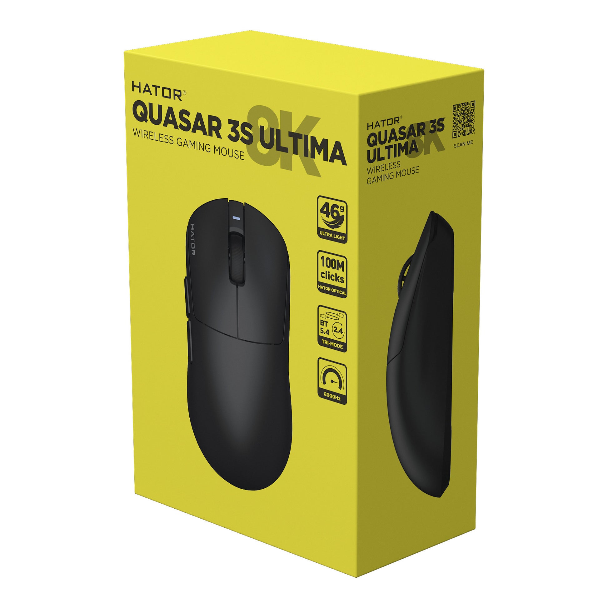 Hator Quasar 3S Ultima 8K Souris de jeu sans fil (noir, 30 000 DPI, Bluetooth USB 2,4 GHz)