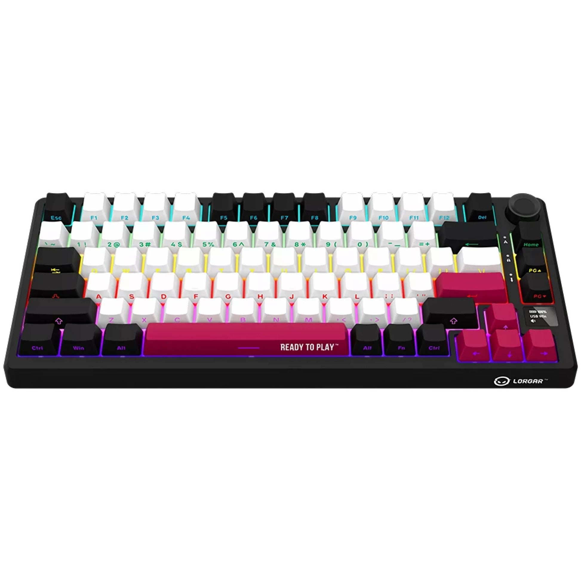 Lorgar kbp7075w, clavier de jeu (noir, disposition américaine, violet toxique logar, 75%, rvb, remplaçable à chaud, pbt double-shot, bluetooth 2.4ghz usb)
