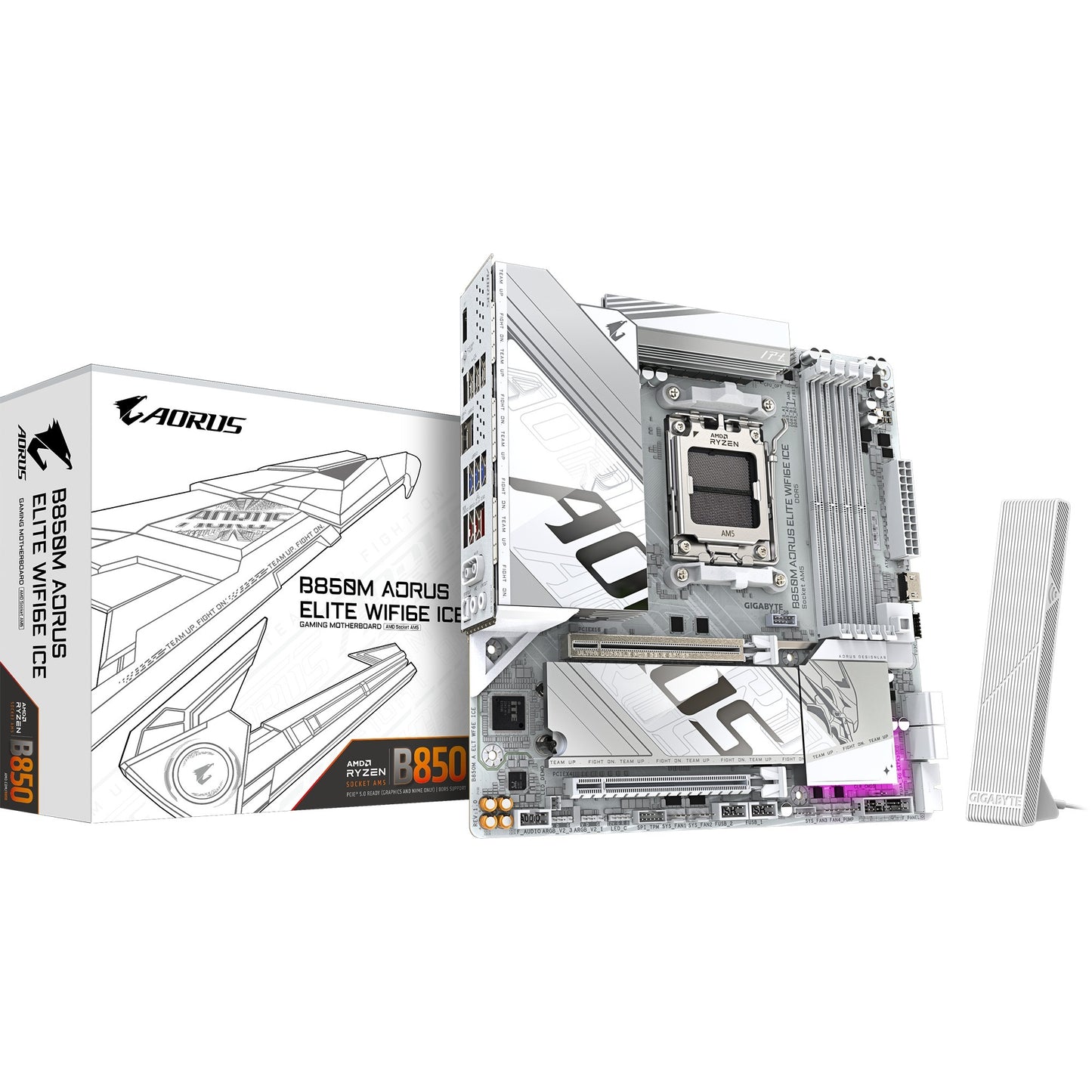 Carte mère Gigabyte B850M Aorus Elite WiFi6E Ice Socket AM5 (blanc argenté, RAID, 2,5 Go-LAN, WiFi 6E, BT, Sound, µATX)