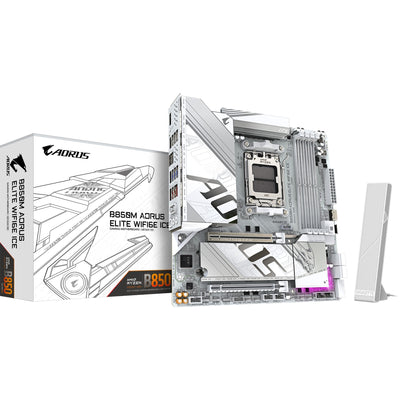 Carte mère Gigabyte B850M Aorus Elite WiFi6E Ice Socket AM5 (blanc argenté, RAID, 2,5 Go-LAN, WiFi 6E, BT, Sound, µATX)