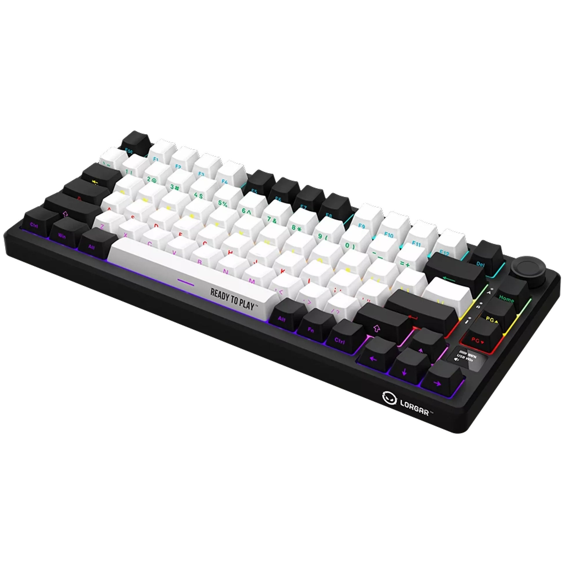 Lorgar kbp7075w, clavier de jeu (noir, disposition américaine, violet toxique logar, 75%, rvb, remplaçable à chaud, pbt double-shot, bluetooth 2.4ghz usb)