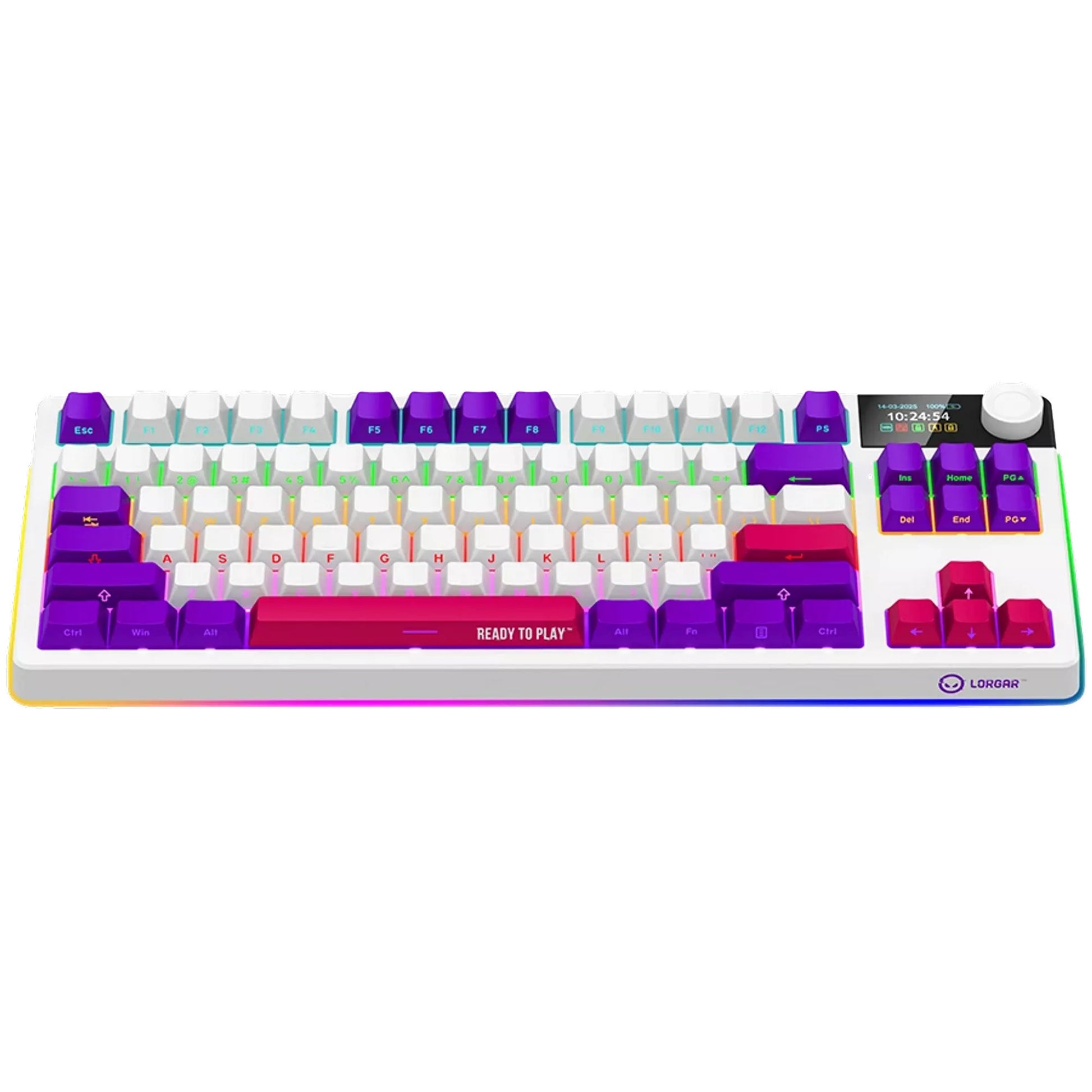 Lorgar kbp70tklw, clavier de jeu (blanc, disposition américaine, logar toxique violet, tkl, rvb, échangeable à chaud, pbt double-shot, bluetooth 2.4ghz usb)