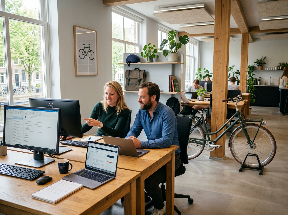 Fietsaccessoires.nl kantoorteam aan het werk met fiets in kantoor