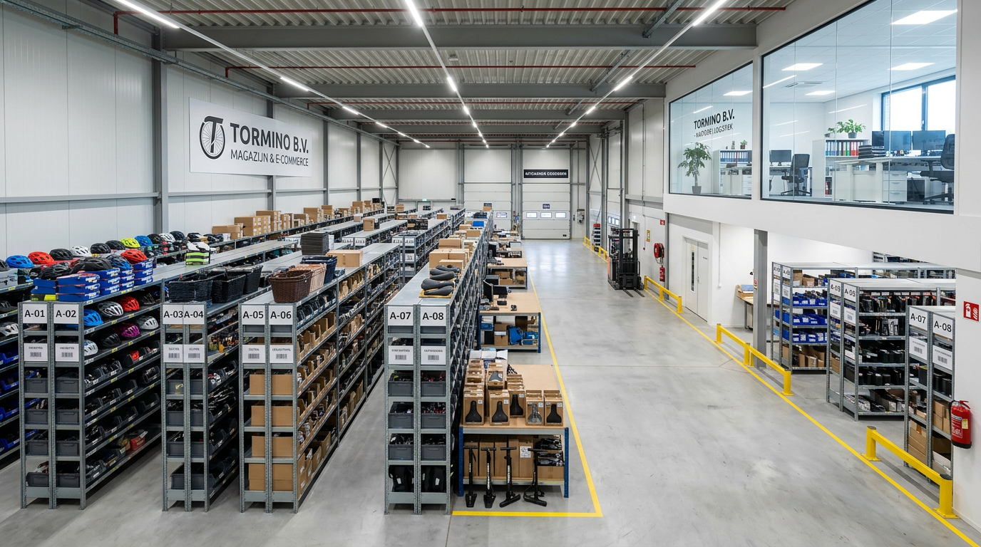 Magazijn en kantoor Tormino B.V. - ordelijke stellingen met fietsaccessoires