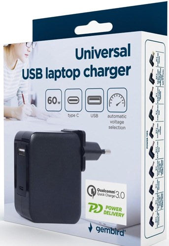 Gembird USB-C chargeur rapide alimentation pour ordinateur portable 60W USB + USB-C noir - 9550195