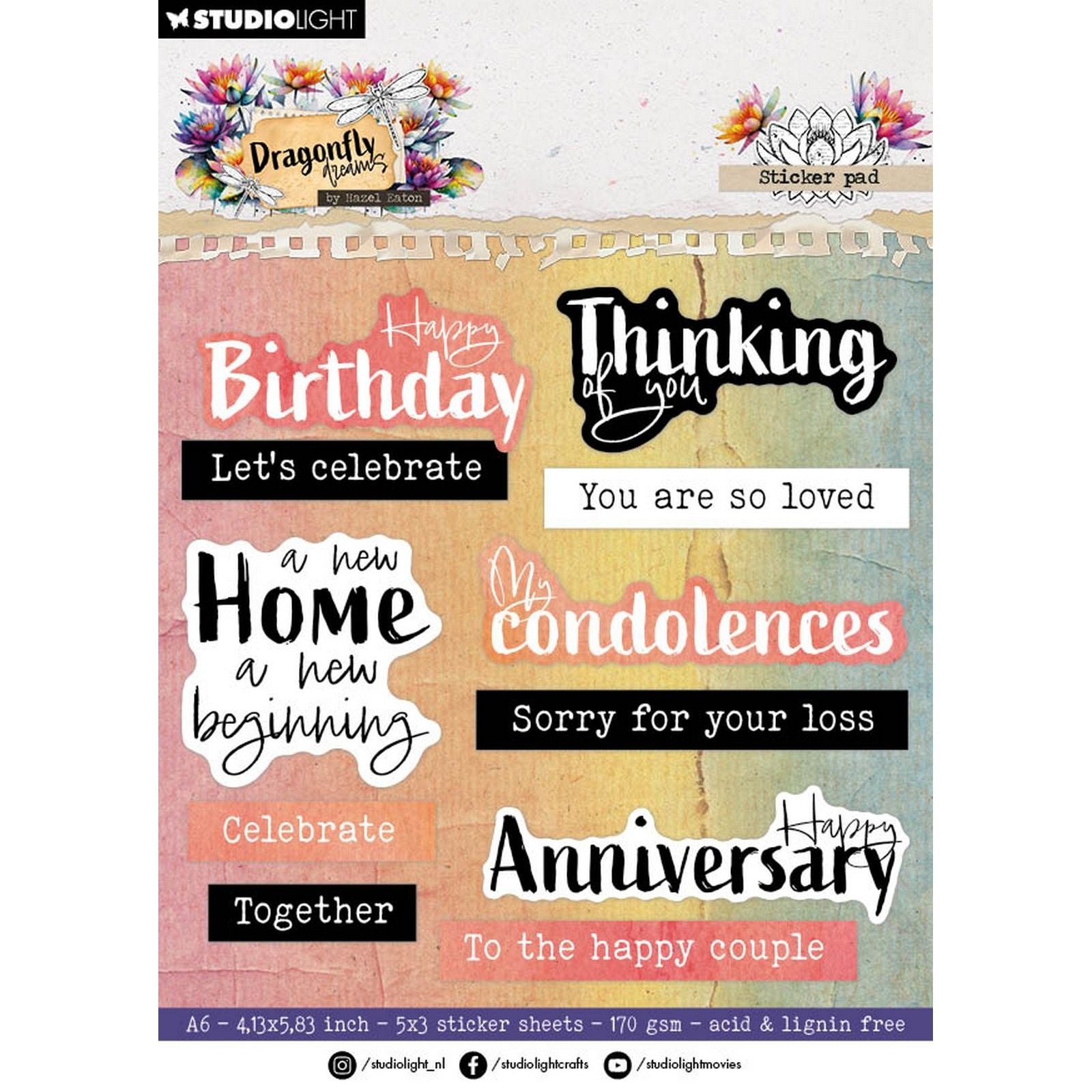 Studio Light • Hazel Eaton bloc de papier autocollant sentiments libellule rêves 105x148x3mm 20 feuilles
