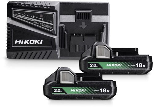 Bloc d'alimentation Hikoki uc18yfslwfz | 2 x batterie 2,0 Ah 18 V BSL1820M | chargeur uc18yfsl uc18yfslwfz