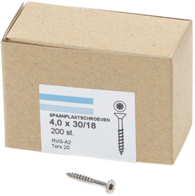 Vis pour panneaux d'aggloméré Hoenderdaal acier inoxydable-a2 tête plate filetage partiel Torx tx20 ​​​​4,0x30 18 | 200 pièces - 0206.30.25201