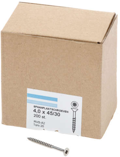 Vis pour panneaux d'aggloméré Hoenderdaal acier inoxydable-a2 tête plate filetage partiel Torx tx20 ​​​​4,0x45 30 | 200 pièces - 0206.30.25801