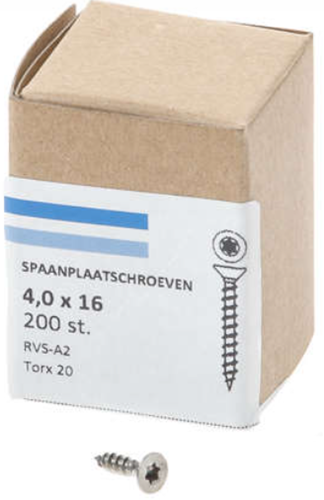 Vis pour panneaux d'aggloméré Hoenderdaal acier inoxydable-a2 tête plate filetage complet torx tx20 ​​​​4,0x16 | 200 pièces - 0206.30.24701