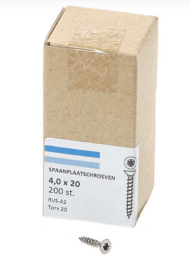 Vis pour panneaux d'aggloméré Hoenderdaal acier inoxydable-a2 tête plate filetage complet torx tx20 ​​​​4,0x20 | 200 pièces - 0206.30.25001