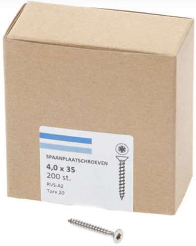 Vis pour panneaux d'aggloméré Hoenderdaal acier inoxydable-a2 tête plate filetage complet torx tx20 ​​​​4,0x35 | 200 pièces - 0206.30.25403