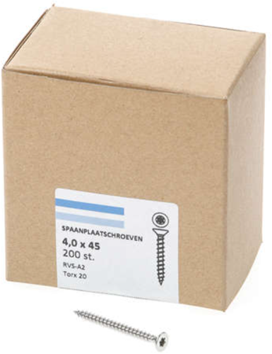 Vis pour panneaux d'aggloméré Hoenderdaal acier inoxydable-a2 tête plate filetage complet torx tx20 ​​​​4,0x45 | 200 pièces - 0206.30.25803