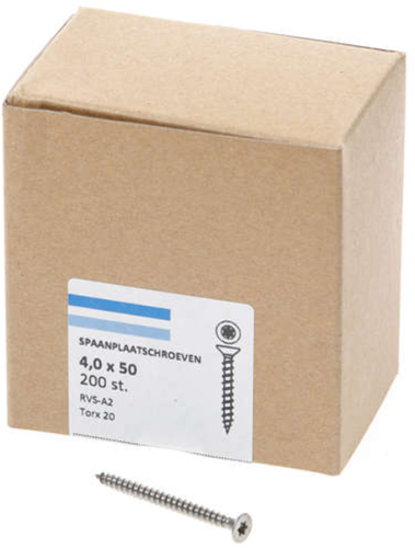 Vis pour panneaux d'aggloméré Hoenderdaal acier inoxydable-a2 tête plate filetage complet torx tx20 ​​​​4,0x50 | 200 pièces - 0206.30.25903