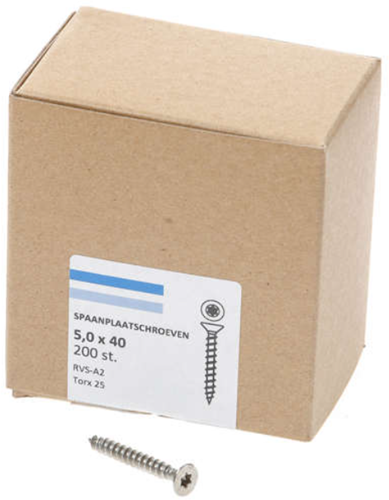 Vis pour panneaux d'aggloméré Hoenderdaal acier inoxydable-a2 tête plate filetage complet Torx tx25 5.0x40 | 200 pièces - 0206.30.41603
