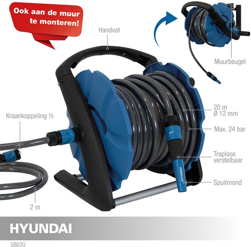 Enrouleur de tuyau Hyundai 20 mètres | Epaisseur de tuyau 12 mm - 58620