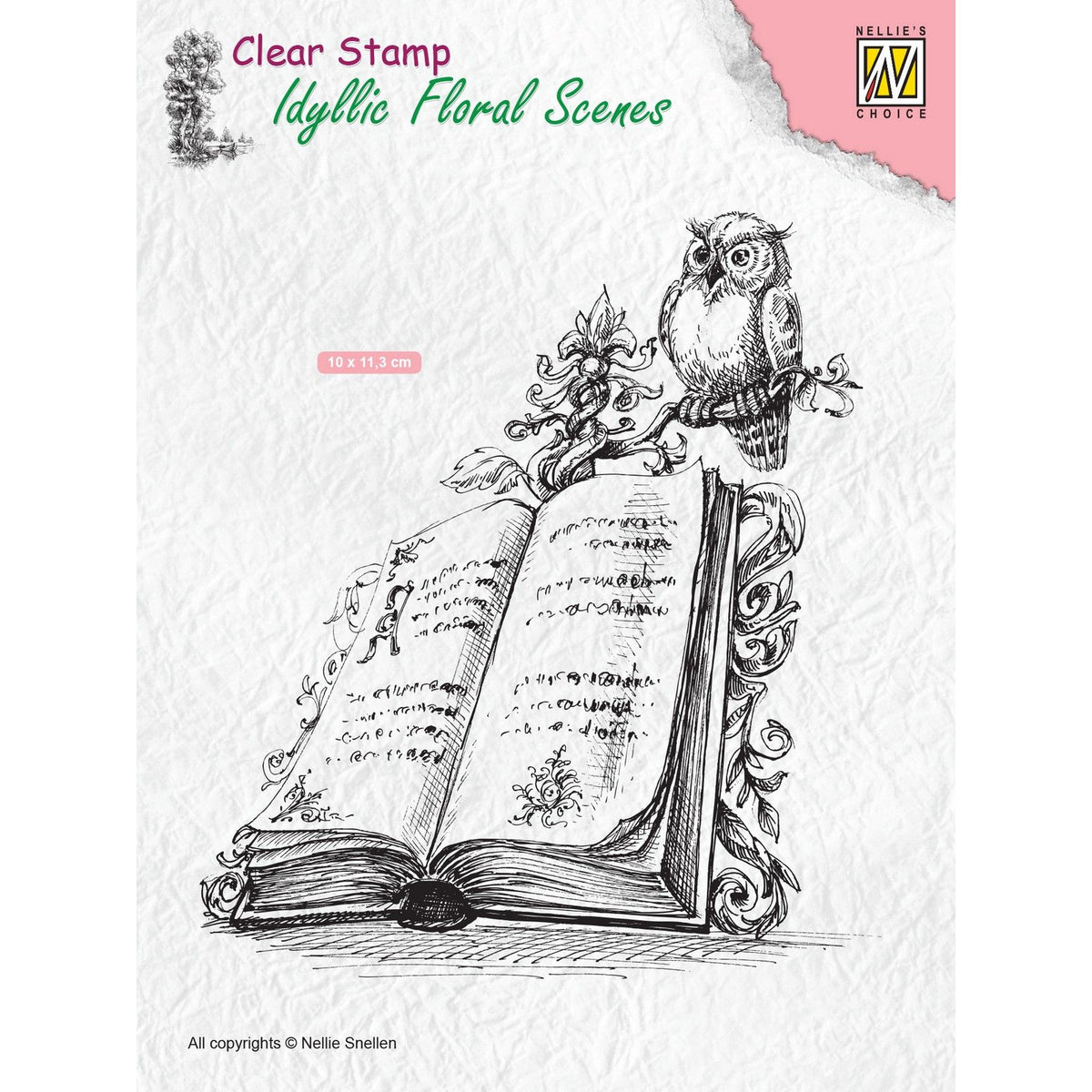 Le choix de Nellie • scènes florales idylliques scène de tampon transparent avec livre et hibou 100x112,5 mm