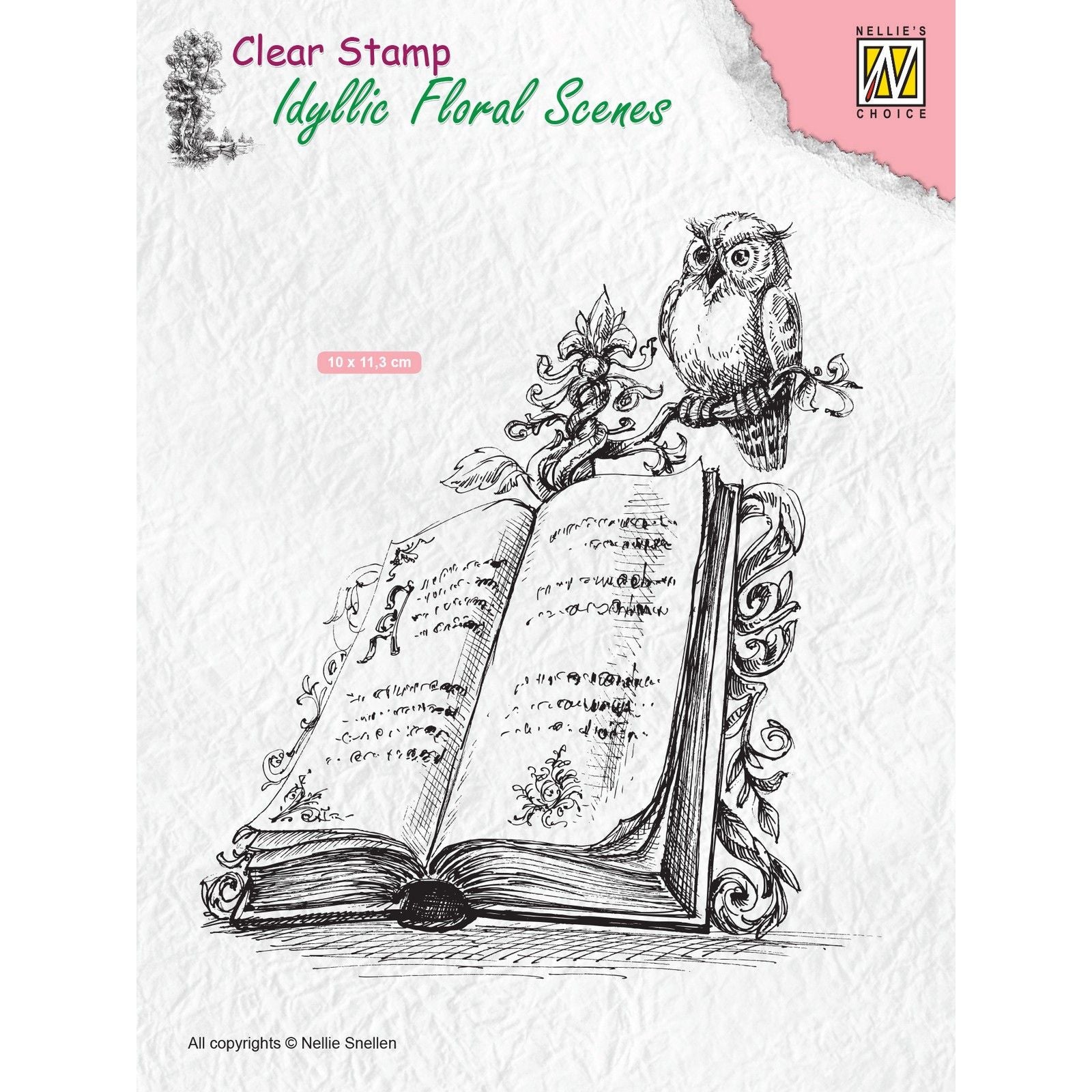 Le choix de Nellie • scènes florales idylliques scène de tampon transparent avec livre et hibou 100x112,5 mm