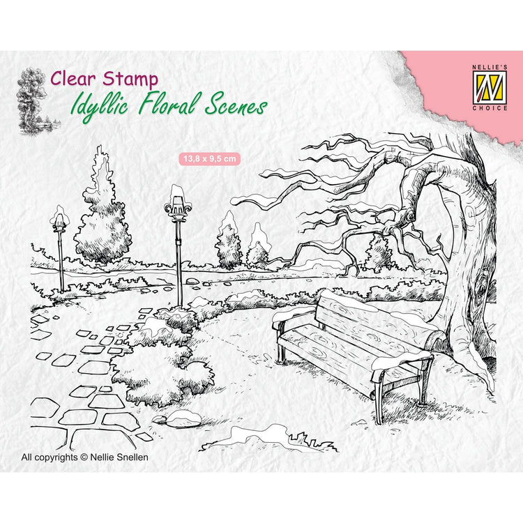 Le choix de Nellie • Scènes florales idylliques tampon transparent parc hivernal avec banc 135x90mm