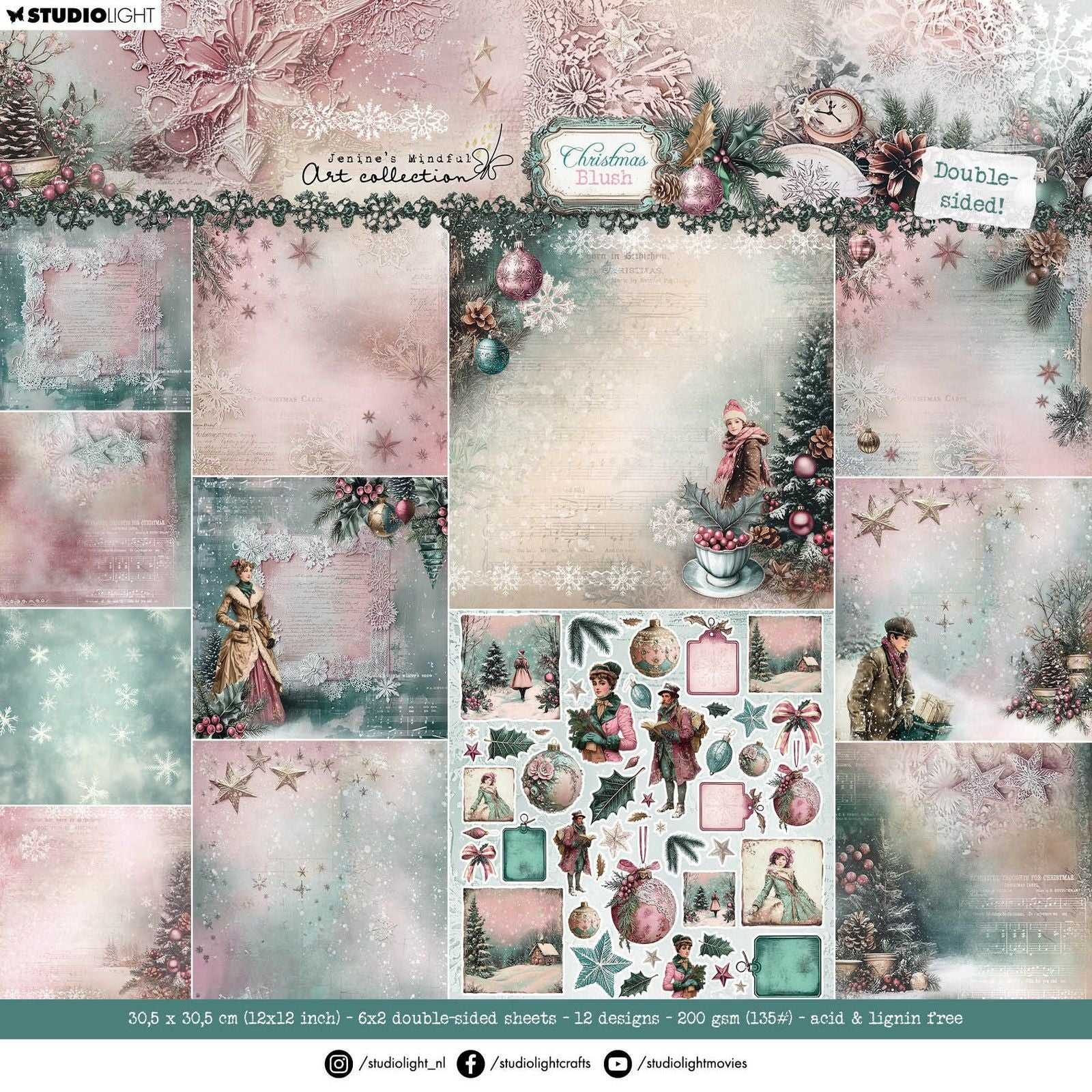 Studio Light • Jenine's Mindful Art Christmas Blush Designer Bloc de papier scrapbooking recto-verso