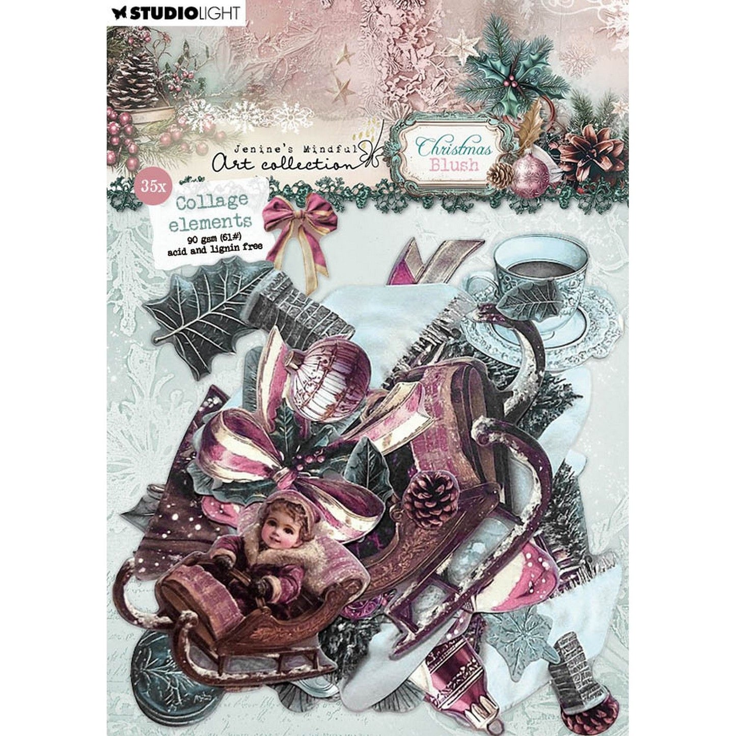 Studio Light • Éléments en papier blush de Noël Mindful Art de Jenine 35 éléments de collage