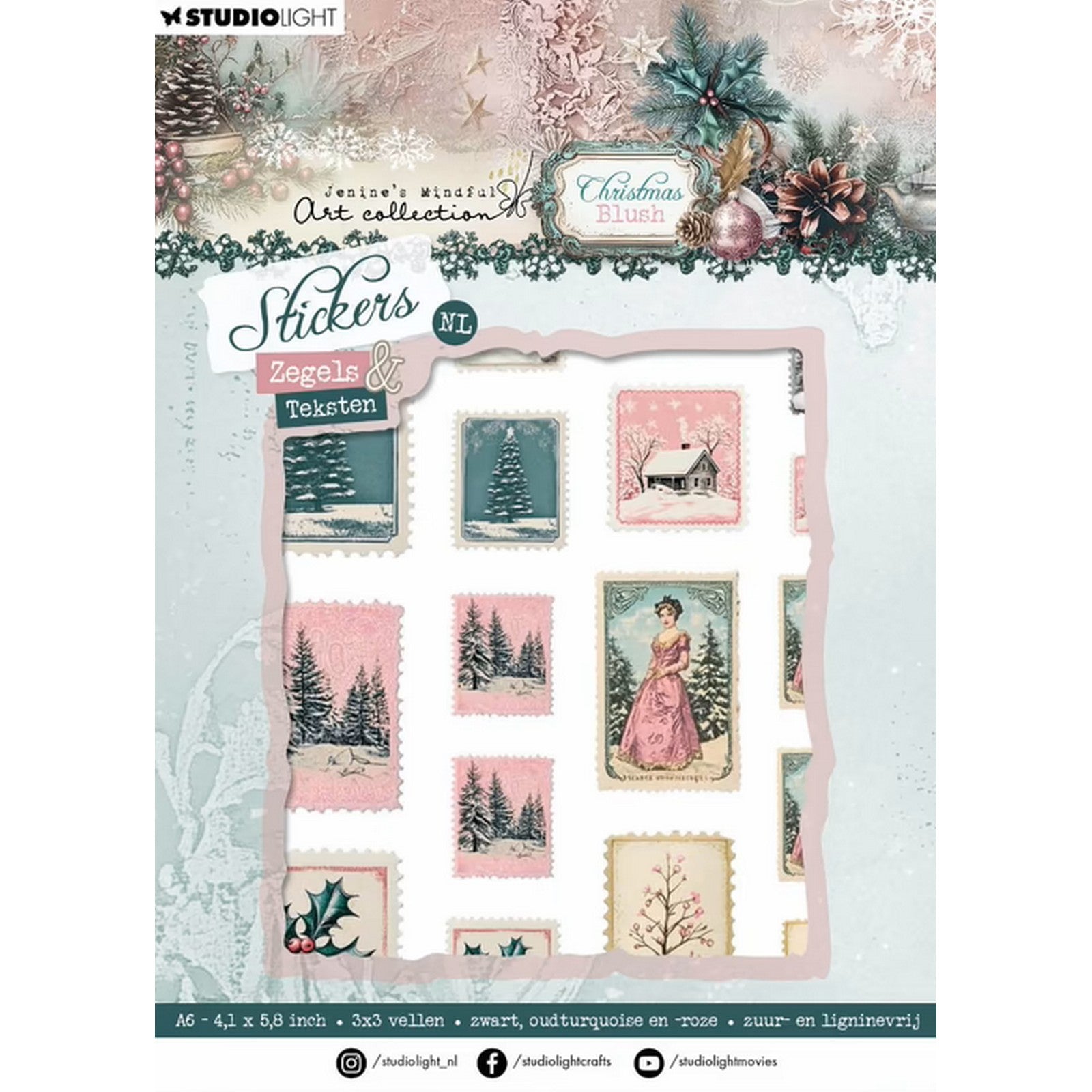 Studio Light • Jenine's Mindful Art Feuilles d'autocollants Blush de Noël, textes de timbres